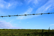 蓝蓝的天空和绿色的田野映衬着铁丝网的图像