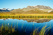 风景优美的山脉镜像在湖在Jotunheimen