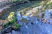 在林地溪流中流过岩石的水