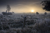 日出在冰冻雾蒙蒙的牧场上